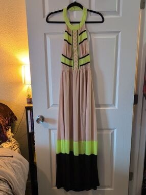 GBX Neon Trim Halter Maxi Dress - Beige/Neon Yellow/Black